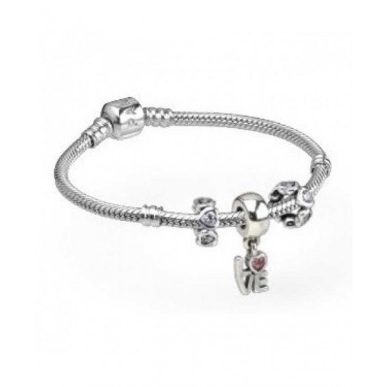 Pandora Bracelet-Pink Cz Love Dropper Complete