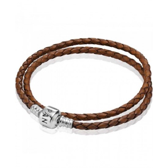 Pandora Bracelet-Silver Brown Double Braided Leather